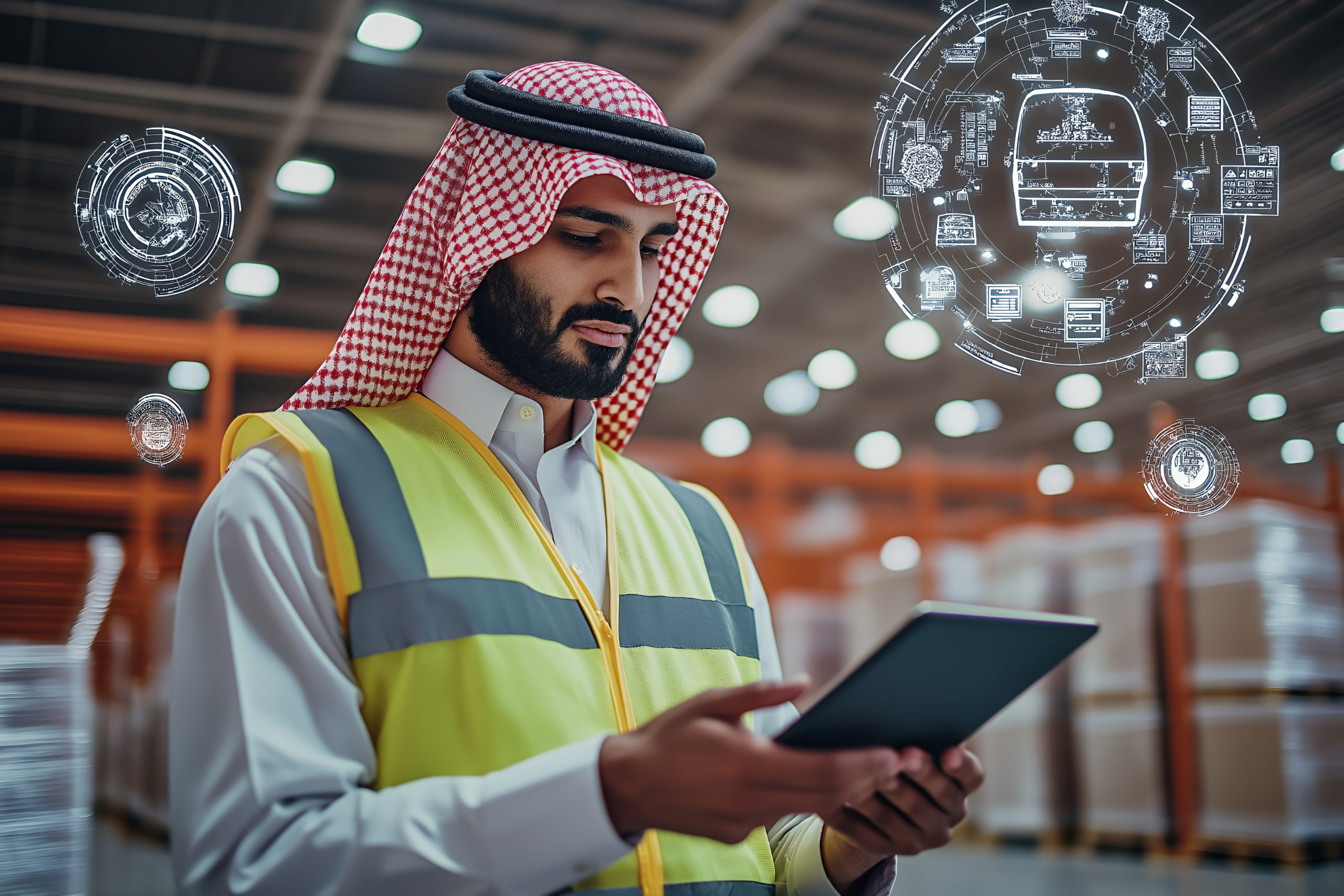 arab man warehouse wearing safety vest using tablet scaled